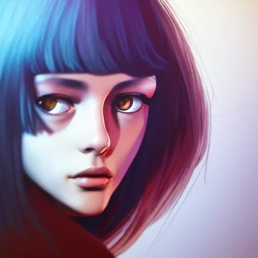 Prompt: the closeup portrait of an absurdly beautiful, graceful, cool, laid - back, young fashionable eighties italian horror film actress, by ilya, murata, mtv movies, an ultra finely pleasant illustration, mystic colors, soft smooth skin, laid back features, unreal engine 5 highly rendered, global illumination