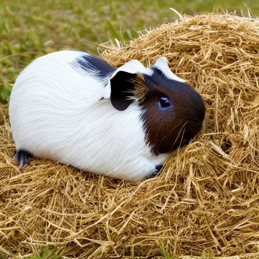 Prompt: a guinea pig wearing white wings, flying in a field of hay