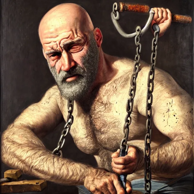 Prompt: realist painted portrait of a rugged bald middle aged man with an aquiline face, broken nose, and greying beard, forging chain links with a hammer and forge, glowing coals