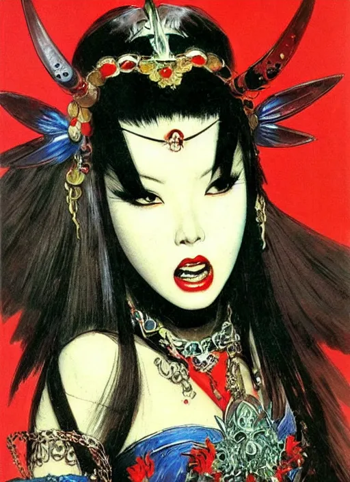 Image similar to svelt female korean vampiress, jeweled headdress, heavy mascara, strong line, saturated color, beautiful! coherent! by frank frazetta, high contrast, minimalism