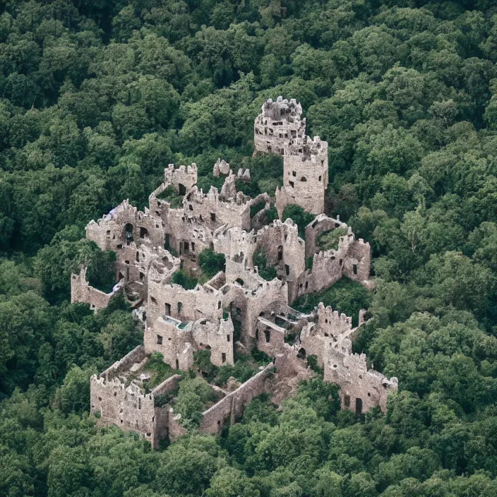 Prompt: aerial view of an ancient punisher castle compound fortress from above in a forest shaped exactly like the punisher symbol detailed