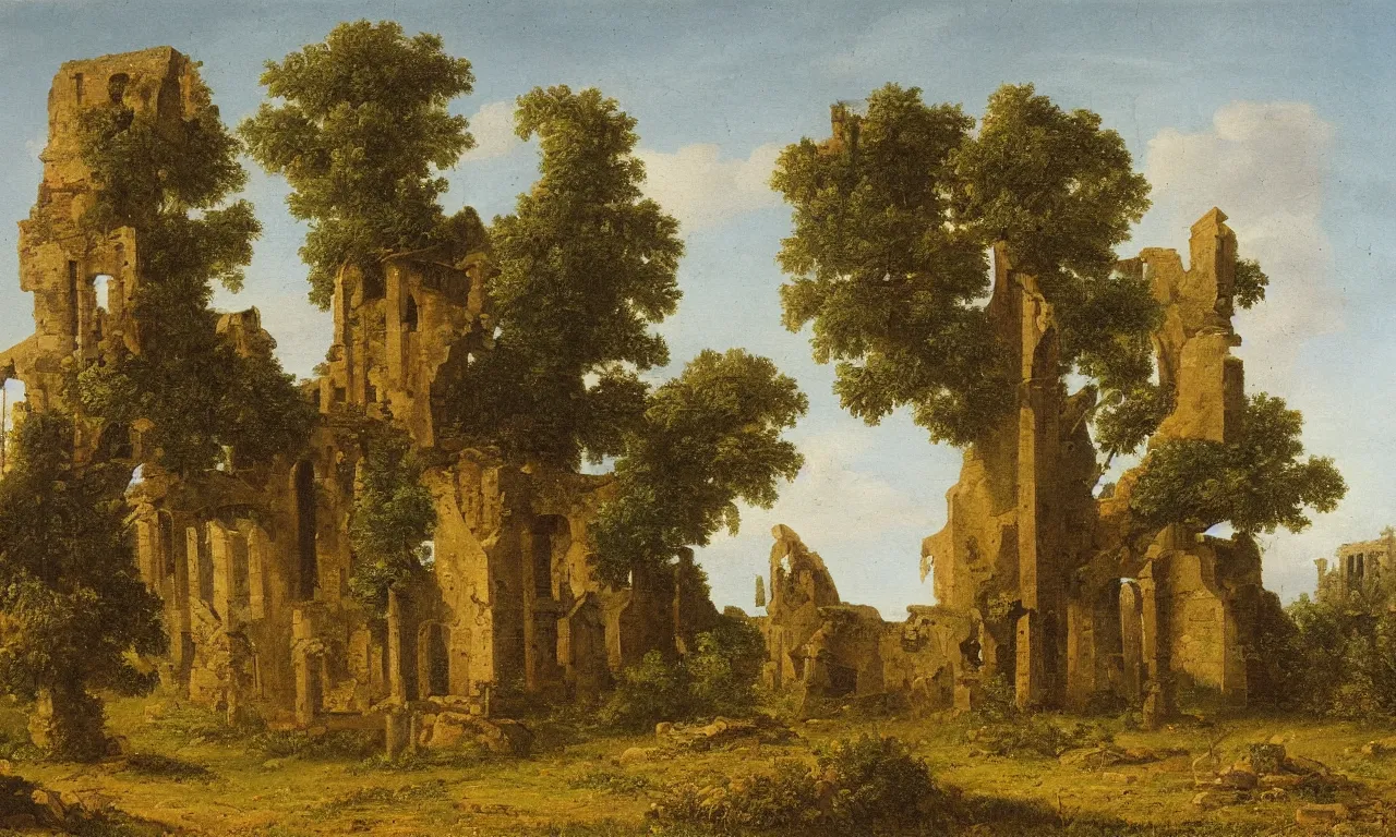 Prompt: a very detailed oil painting of the ruins of a Romanesque monastery, some trees in the background, by Joseph Anton Koch