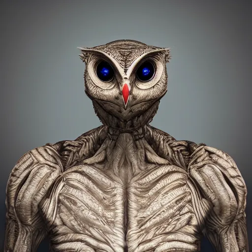 Prompt: alien owl, alien warrior, portrait, hyperrealistic, symmetry, octane render, detailed, hdr