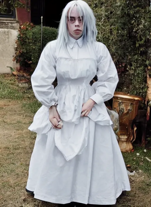 Prompt: photo of Billie Eilish dressed as a maid