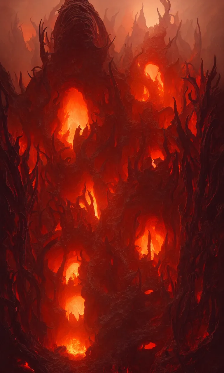 Image similar to Purgatory, fire in hell. The gateway to the infernal underworld. Devils demons, highly detailed, digital painting, artstation, concept art, smooth, sharp focus, illustration, art by artgerm and greg rutkowski and alphonse mucha