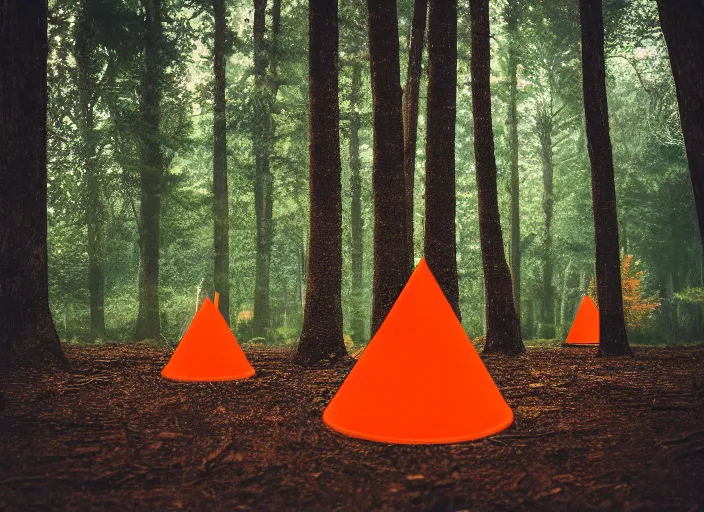 Image similar to a forest with an orange cone scattered about, cinematic photo, atomspheric lighting, 2 4 mm lens, unreal, octane render, detaileld sharp, masterpiece, dynamic, surreal