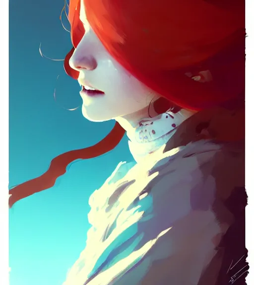 Image similar to portrait of a female mage, red hair, by atey ghailan, by greg rutkowski, by greg tocchini, by james gilleard, by joe fenton, by kaethe butcher, dynamic lighting, gradient light blue, brown, blonde cream and white color scheme, grunge aesthetic