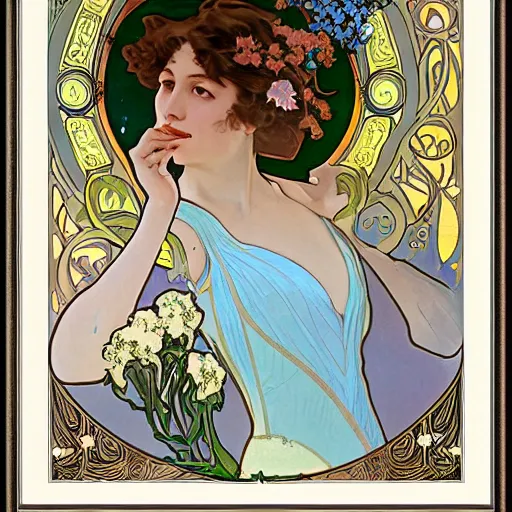 Prompt: art nouveau painting by Alphonse Mucha of a beautiful female scientist in 1920s dress holding a sparkling round bottomed flask of blue liquid up to the light. The woman is framed with flowers. Soft, muted colors.