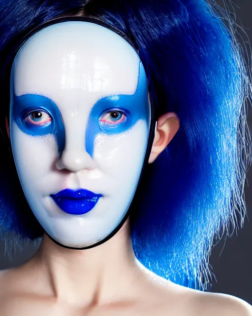 Image similar to symmetrical close - up portrait of a woman wearing a embroidered translucent silicone beauty mask and deep blue hair, wearing a black bodysuit by alexander mcqueen, black background, soft diffused light, biotechnology, humanoide robot, bjork aesthetic, translucent, by rineke dijkstra, intricate details, highly detailed, masterpiece,