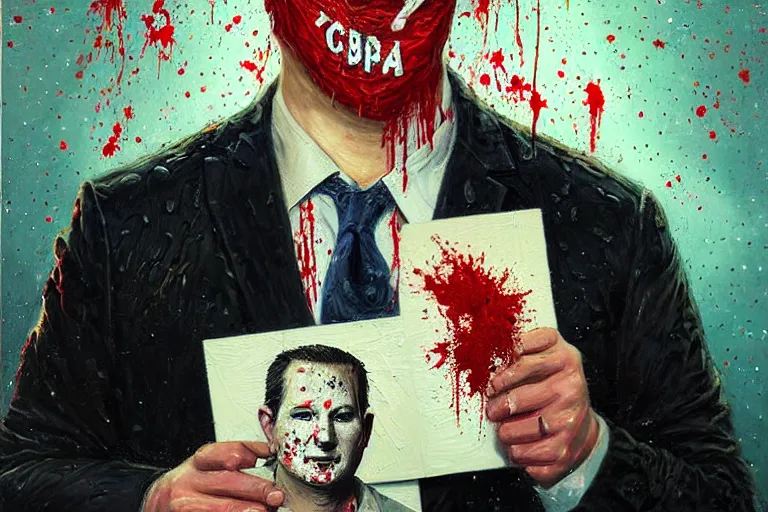 Image similar to portrait of ted cruz wearing burlap bloodsplattered as the zodiac killer at night, an oil painting by ross tran and thomas kincade