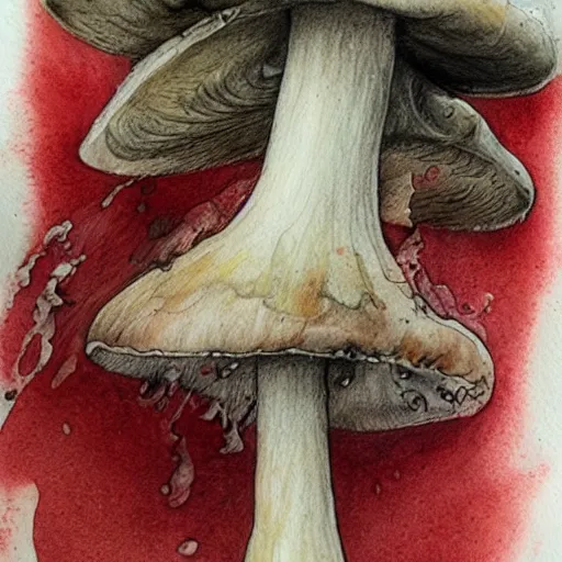 Prompt: loose drawing by jean - baptiste monge water color on white paper watercolor sketch mushroom hard edges, pencil lines, drips, runs, spatter, details. red chrome. jean - baptiste monge!!!!!