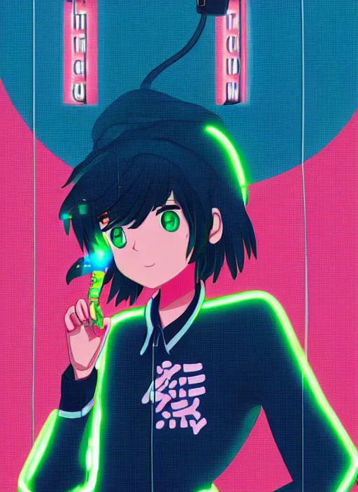 Image similar to Android wearing a school uniform, smoking a cigarette while standing on street corner lit by a neon sign”, full body shot, Digital art, detailed, anime