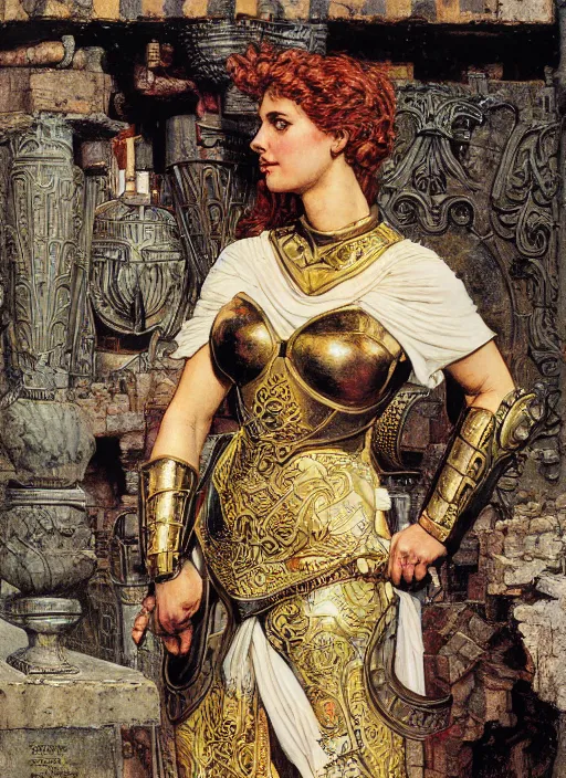 Image similar to portrait of helen of troy in armour outside the city walls, by lawrence alma tadema and rick berry and norman rockwell and greg staples and jack kirby