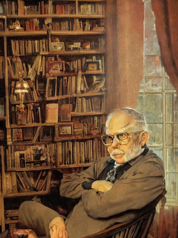 Prompt: portrait of lester del rey in his library, in a style blend of norman rockwell and frederick remington and mort kunstler, oil painting, volumetric lighting, intricate details