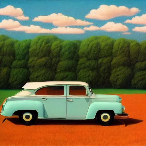 Image similar to an amazing car adventure across the country-side by Raphael, Hopper, and Rene Magritte. detailed, romantic, enchanting, trending on artstation.