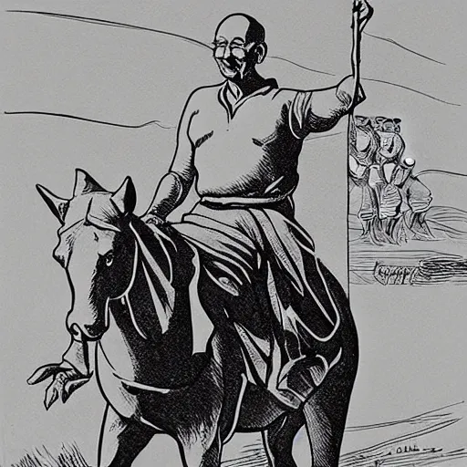 Prompt: gandhi, riding horse, comic style, by arthur adams, black and white