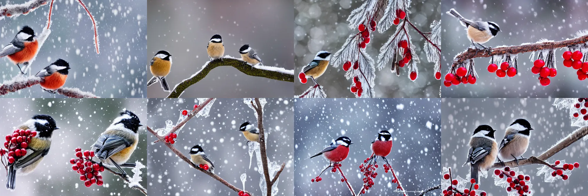 Prompt: a photograph of a pair of chickadees, sitting on the branch of a mountain ash tree, with red berries and icicles, in the winter, snowing, gray sky with wispy clouds, macro lens, f / 5