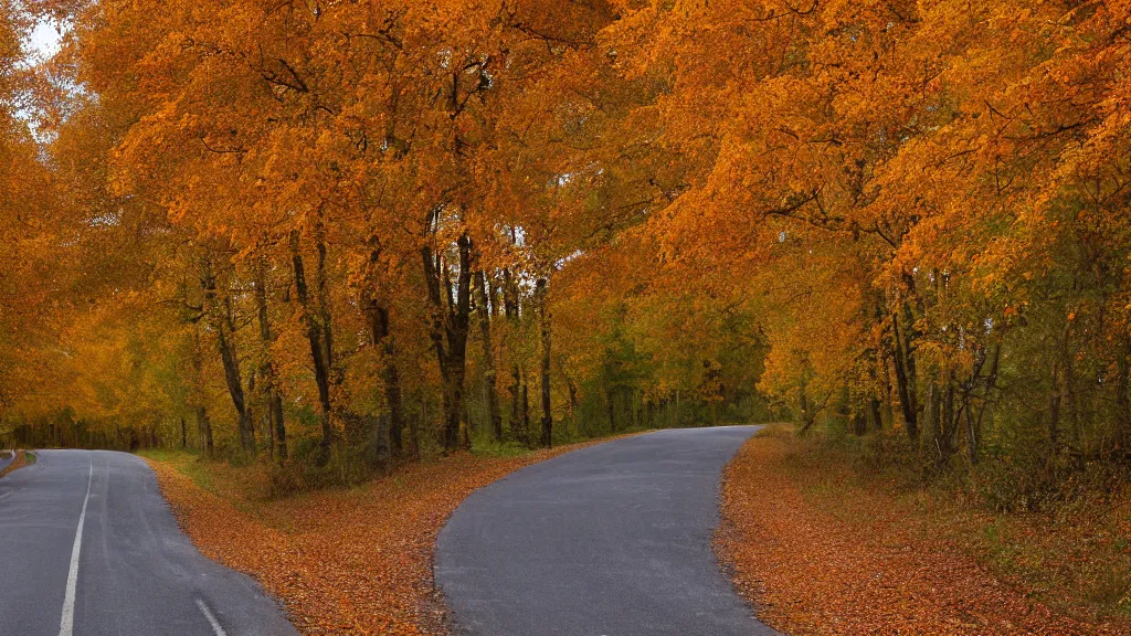 Image similar to a photograph of a country road lined on both sides by maple and poplar trees, in the autumn, red orange and yellow leaves, some leaves have fallen and are under the trees and on the road