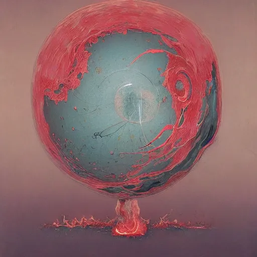 Image similar to a sphere being devoured by abstract splatters of paint in the style of francis bacon, venus being engulfed in flames in the style of james jean, surreal, beksinski, high detailed