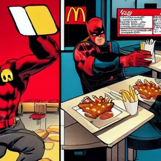 Prompt: daredevil eating in mcdonalds, marvel