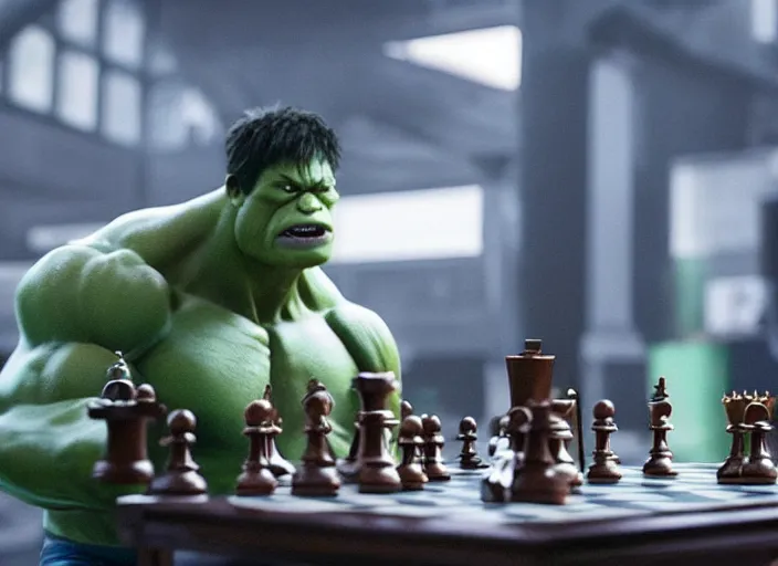 Image similar to film still of hulk playing chess in the new avengers movie, 4 k