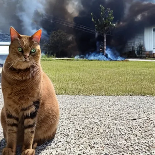 Image similar to an adorable ominous cat sitting in the yard of a two story home that is blazing on fire in the background behind the cat, real photo, evening