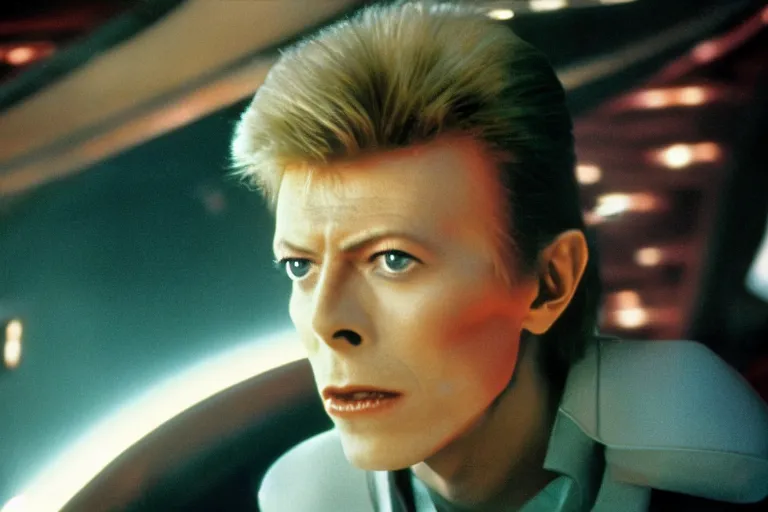 Prompt: a young David Bowie on the bridge of a starship, movie still,color,70mm