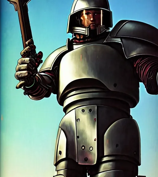 Image similar to a large cyberpunk paladin in rounded heavy plate armor with large shoulder pads and a spartan helmet and a very large shield he is holding a large axe in a cyberpunk setting, 1 9 6 9 omni magazine cover, style by vincent di fate, artgerm, cyberpunk 2 0 7 7, very coherent, detailed, 8 k resolution, unreal engine, daz