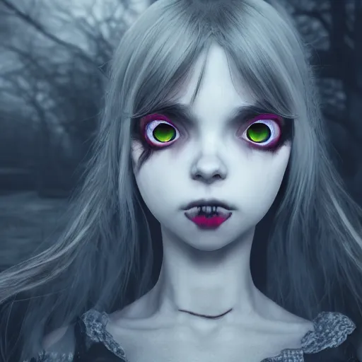 Image similar to full shot portrait of angry darkness anime girl at moonlight, gothic wearing, worrying eyes, inspired by Tim Burton, detailed, unreal engine 4k volumetric light, fog,