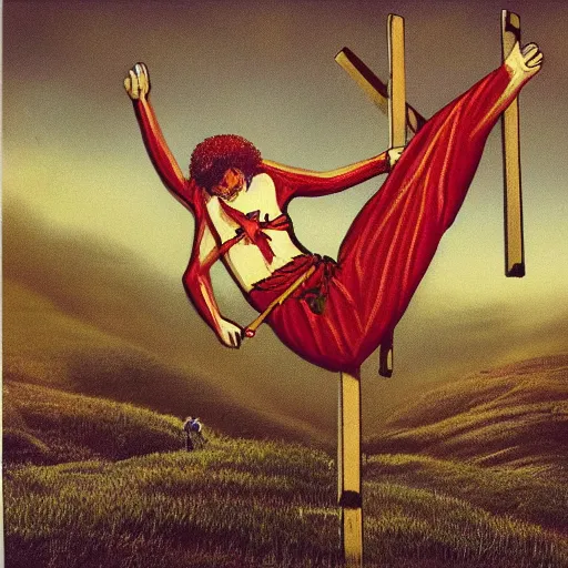 Prompt: ronald mcdonald nailed to a crucifix on a hill, the grass is french fries, beautiful photograph, highly detailed