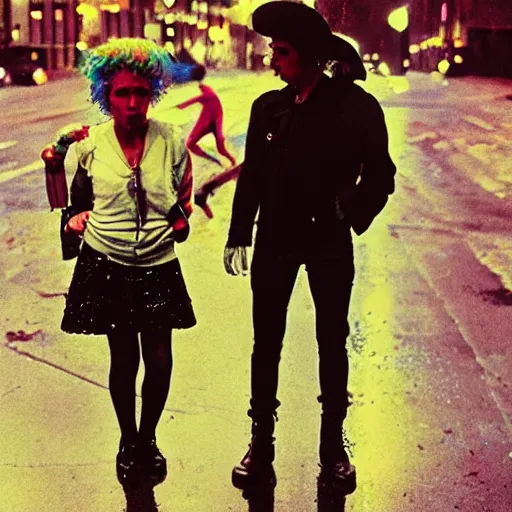 Image similar to night color flash portrait photography of punks on the lower east side by diane arbus, colorful!!, nighttime!, raining!