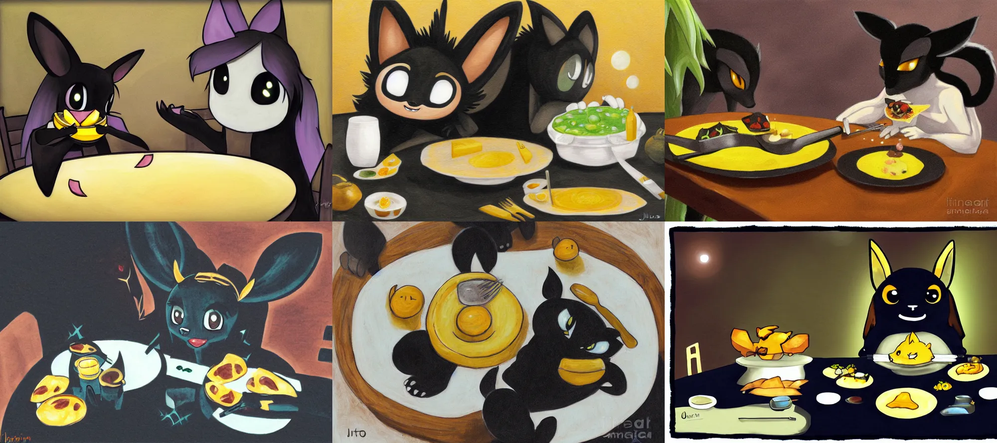 Prompt: umbreon eating dinner at a table happiness is temporary by julia mato