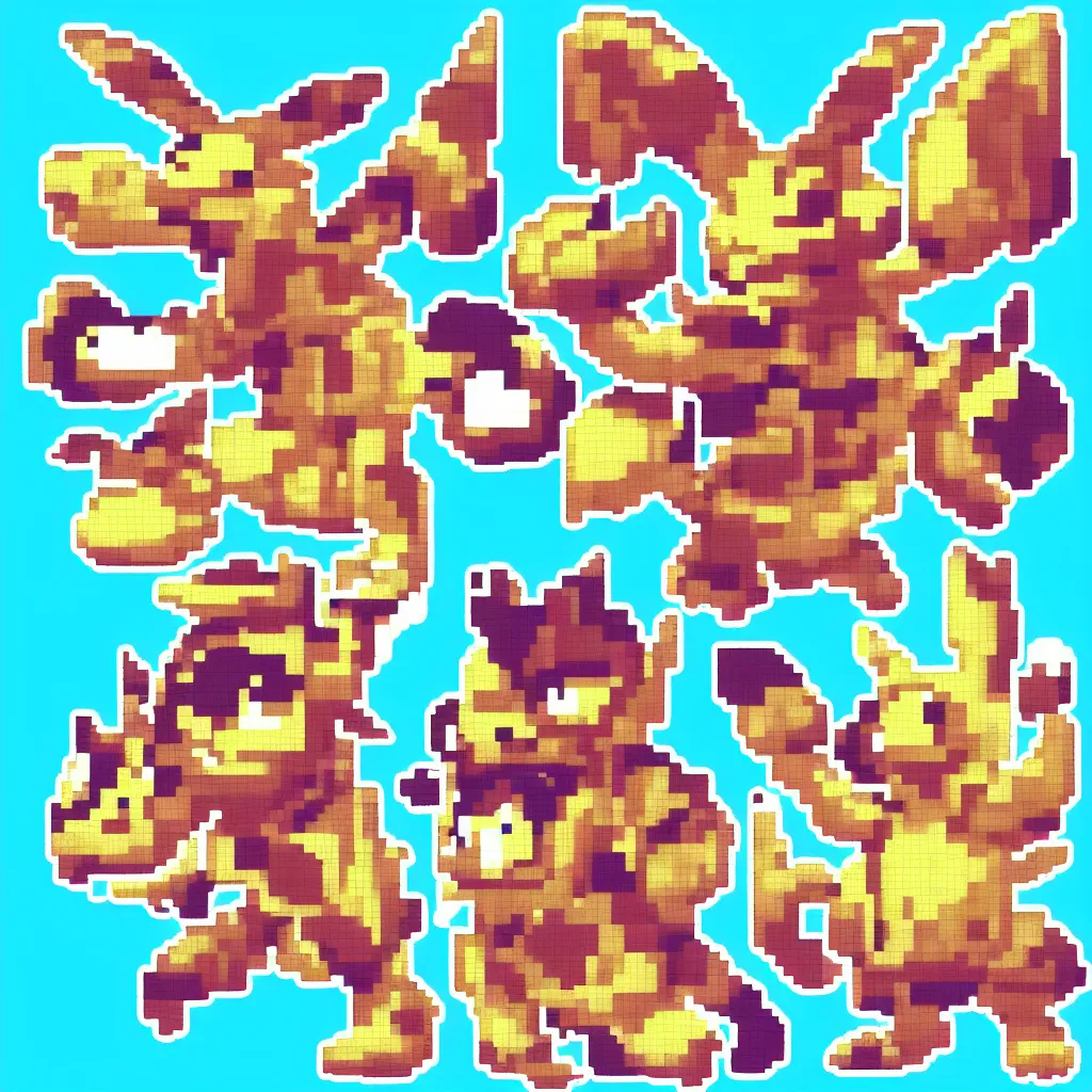 Prompt: pixelated pokemon monster inspired by ragnarok online, 1 2 8 bit, 1 0 0 0 x 1 0 0 0 pixel art, 4 k, super detailed, nintendo game, pixelart, high quality, no blur, sharp geometrical squares, concept pixelart