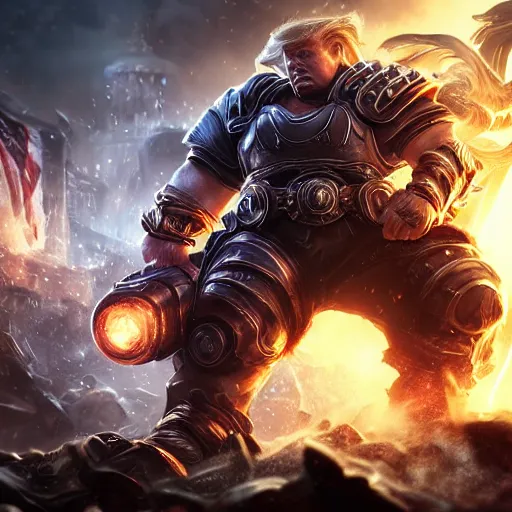 Image similar to Portrait of Trump, League of Legends amazing splashscreen artwork, Gears of War, splash art,natural light, elegant, photorealistic facial features, intricate, fantasy, detailed face, atmospheric lighting, anamorphic lens flare, cinematic lighting, league of legends splash art, hd wallpaper, ultra high details by Greg rutkowski