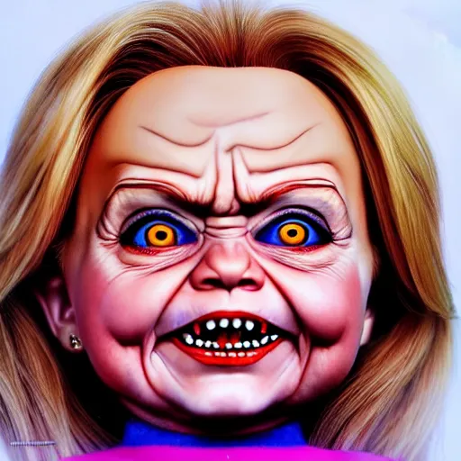 Image similar to a detailed portrait of hillary clinton fused with chucky from childsplay, by artgerm, high details