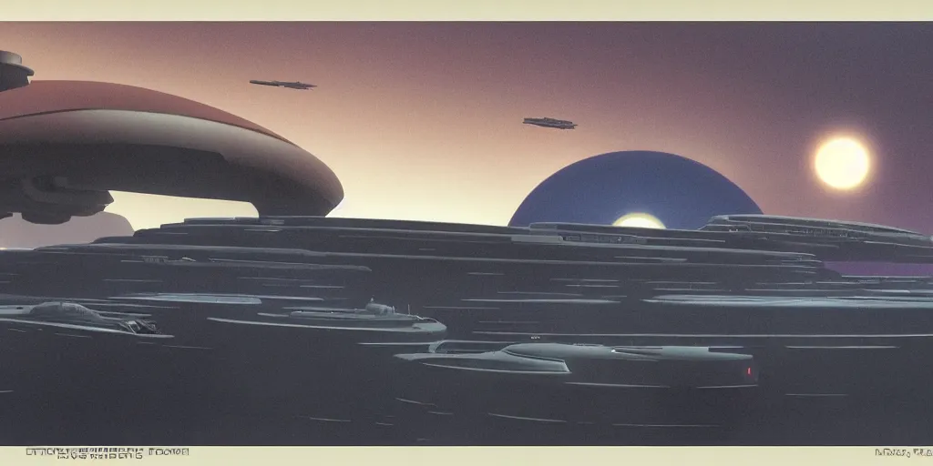 Prompt: futuristic skyline, spaceship, two moons, Ralph McQuarrie