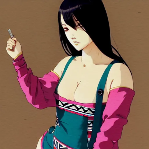 Image similar to a beautiful plus sized model japanese natalie portman, alluring plus sized model, wearing mayan leotard with overalls, street fashion hip hop style with mayan patterns, aztec street fashion, gapmoe yandere grimdark, trending on pixiv fanbox, painted by greg rutkowski makoto shinkai takashi takeuchi studio ghibli, akihiko yoshida