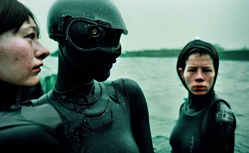 Image similar to cinestill 5 0 d candid photographic portrait by helen levitt of two loving female androids wearing rugged black mesh techwear in treacherous waters, extreme closeup, modern cyberpunk moody emotional cinematic, hurricane, 8 k, hd, high resolution, 3 5 mm, f / 3 2, ultra realistic faces, ex machina