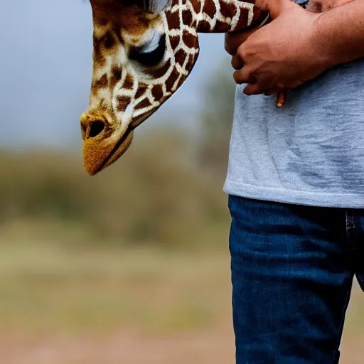 Image similar to human holds giraffe on his palm. photography