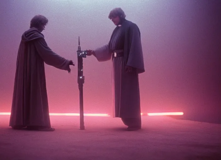 Prompt: Luke skywalker kneels before a strange jedi oracle, a mystic with infinite knowledge of time. in a foggy pink land. still from the 1983 film directed Stanley Kubrick, Photographed with Leica Summilux-M 24 mm lens, ISO 100, f/8, Portra 400