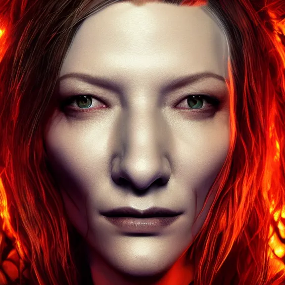 Prompt: a centered symmetrical portrait of cate blanchett as a demon, hyper detailed, facial texture, cinematic light, octane render, artstation