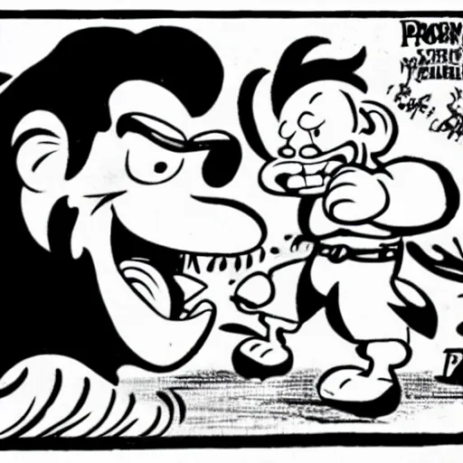 Image similar to Popeye fights a lion, drawn in the style of old Max and Dave Fleischer cartoons.