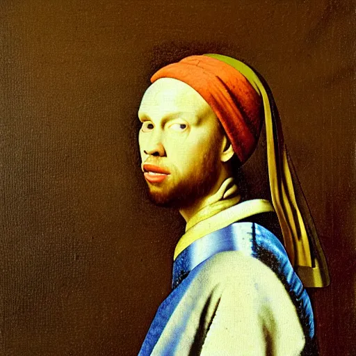 Image similar to Masterpiece Portrait of carrot top, dressed thobe, Ghutra and Egal, style of Johannes Vermeer