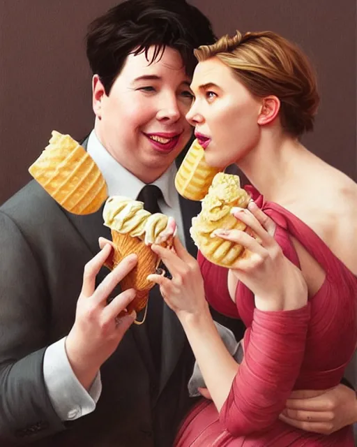 Image similar to Portrait of Michael Mcintyre & Scarlett Johanssen eating ice creams in Porto,real life skin, intricate, elegant, highly detailed, artstation, concept art, smooth, sharp focus, art by artgerm and greg rutkowski and alphonse mucha