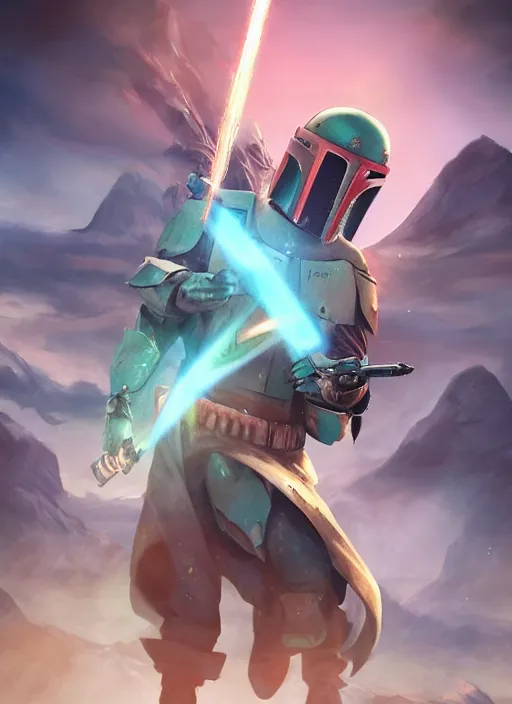 Image similar to arcane wizard x boba fett, fantasy inspired boba fett as a wizard in a scenic environment, 3 d digital art, character mashup, epic volumetric lighting, combination art, photorealistic, sharp focus, aesthetic, inspired by studio ghibli