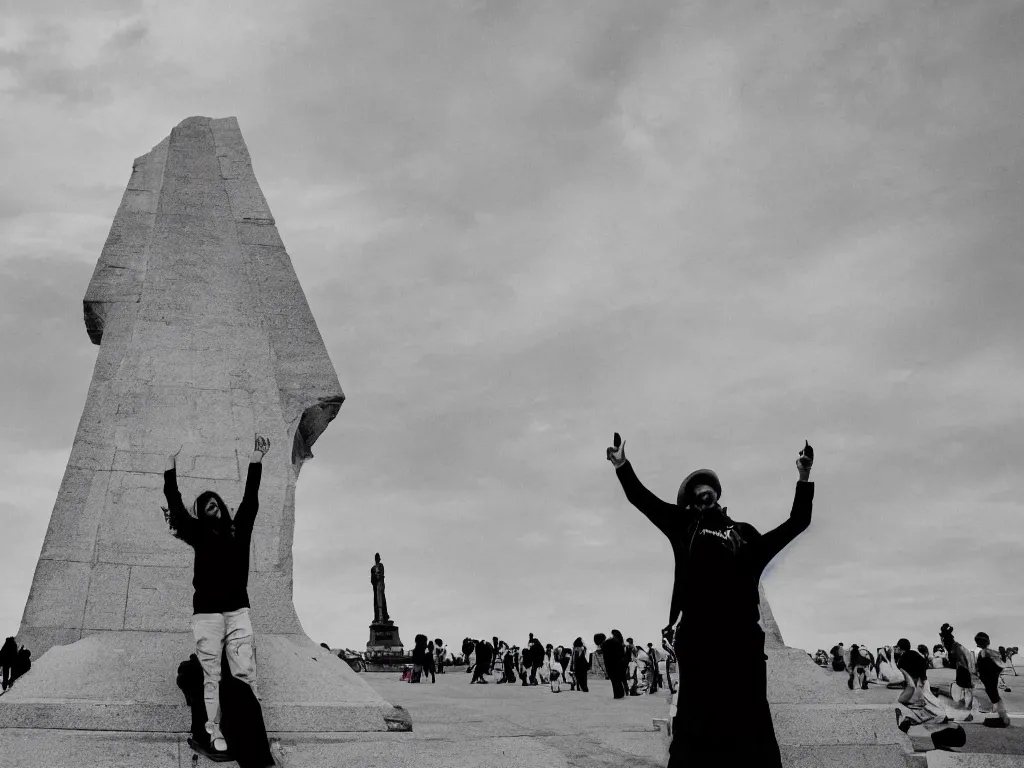 Prompt: black and white photograph arm outstretched giving the middle finger to a famous monument