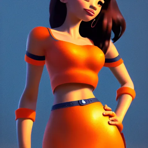 Prompt: upper body illustration of a beautiful latin girl, brown skin, orange hair, small waist, she wears a pretty miniskirt, mattepainting concept blizzard pixar maya engine on stylized background splash comics global illumination lighting artstation, sharp focus, epic, elegant greg rutkowski