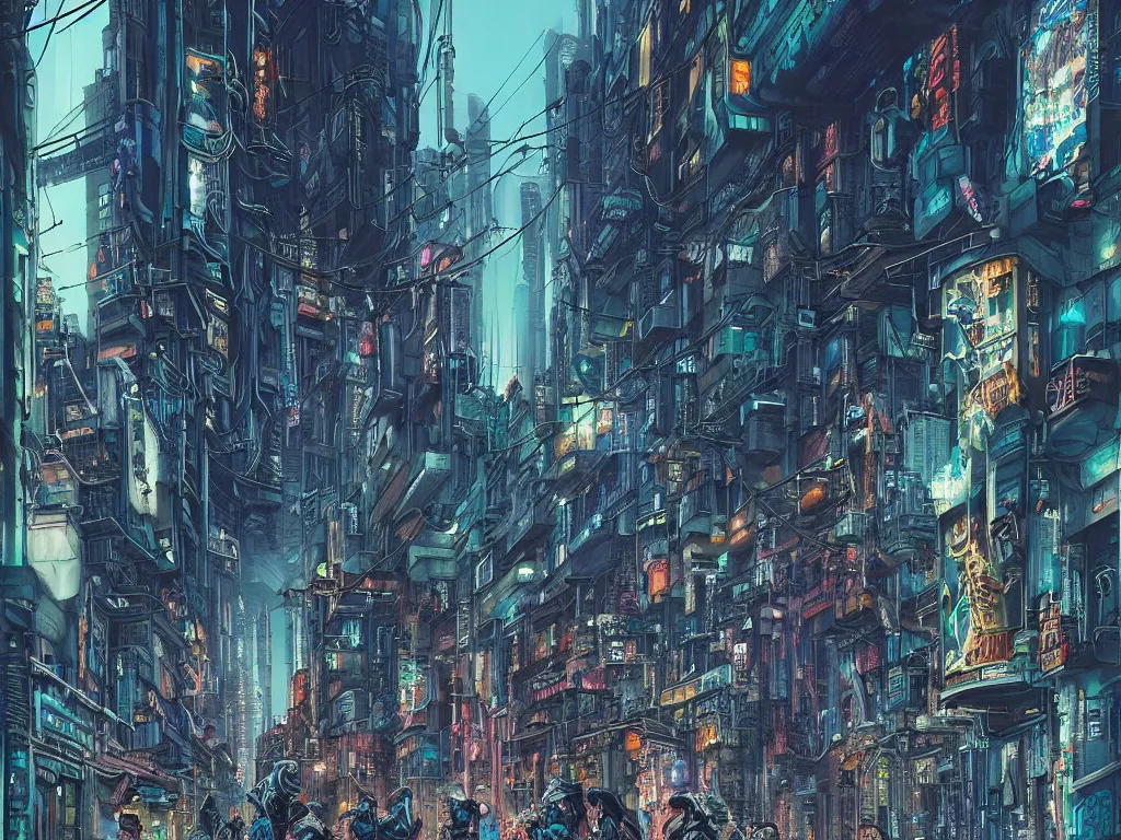 Prompt: a hyperrealistic and beautiful matte painting of a cyberpunk gang on the alleyway of a lofty city, gritty, cyberpunk ads, piping, cables, art deco architecture, graffiti, fine detail, intricate, polished, blue color scheme, cinematic lighting, digital art, illustration, by john smith and noriyoshi ohrai and tsutomu nihei