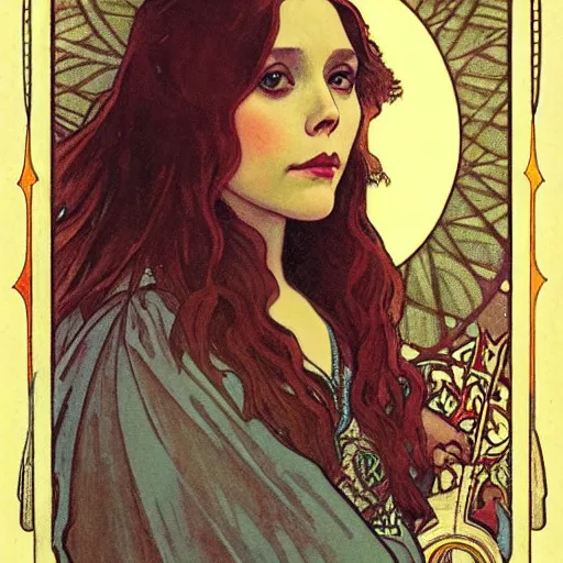 Prompt: elizabeth olsen portrait by louis - theophile hingre and alphonse mucha, realistic, sharp focus, zodiac signs, tarot cards, planets, ethereal, art nouveau, magic, moon, sun, crown, dreamy, royal, jewellery