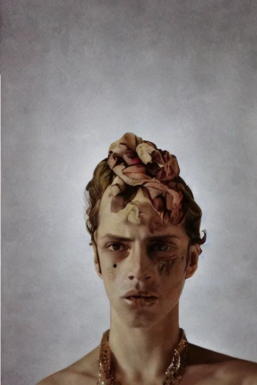 Image similar to hyperrealism close - up fashion portrait by roversi photo from the holy mountain by alejandro jodorowsky in style of francisco goya